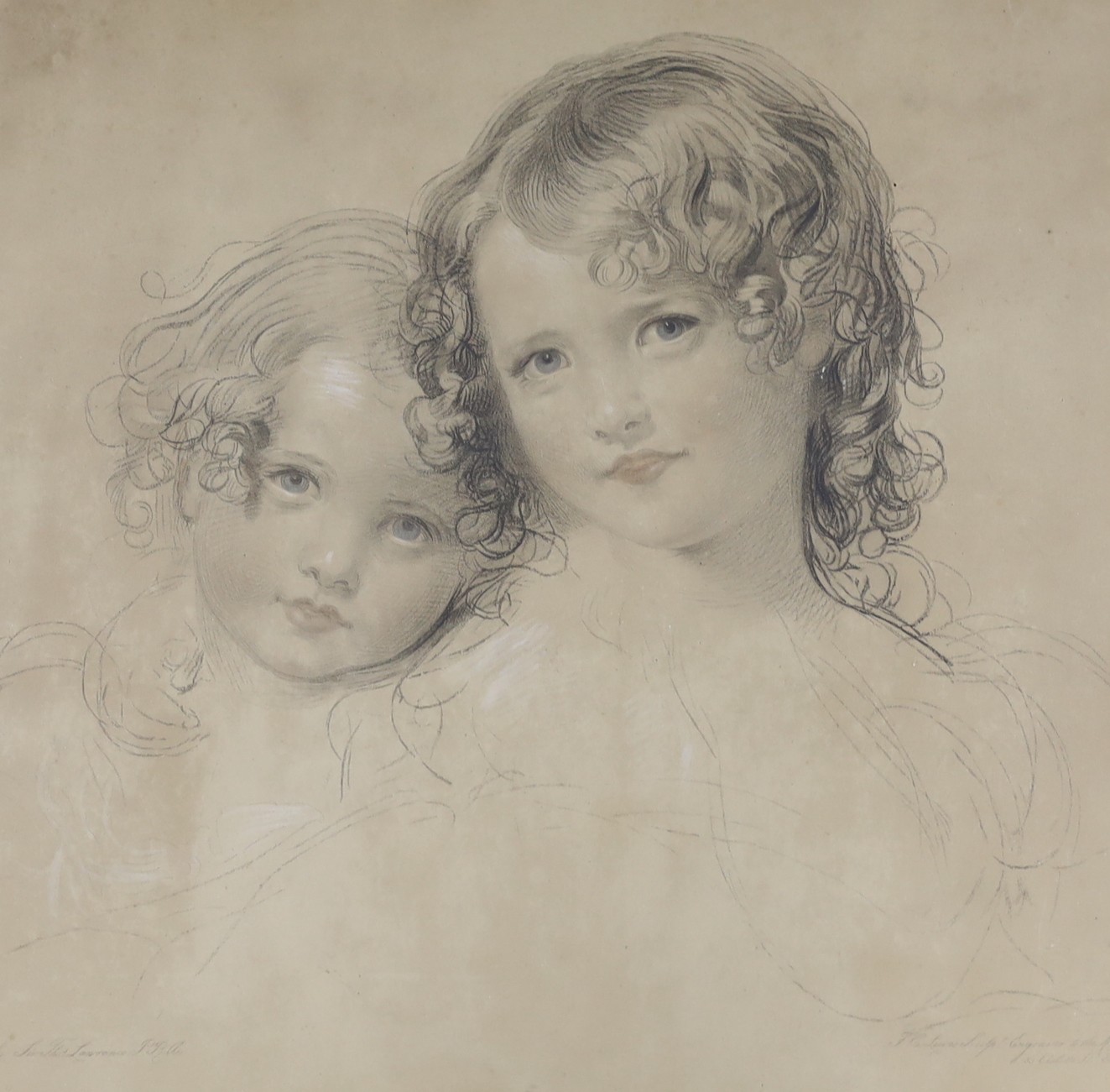 After Sir Thomas Lawrence, coloured engraving, Portrait of two children, 53 x 48cm